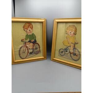 Vintage Framed Paper Doll Art Boy Girl Bicycle Tricycle Nursery Wall Decor